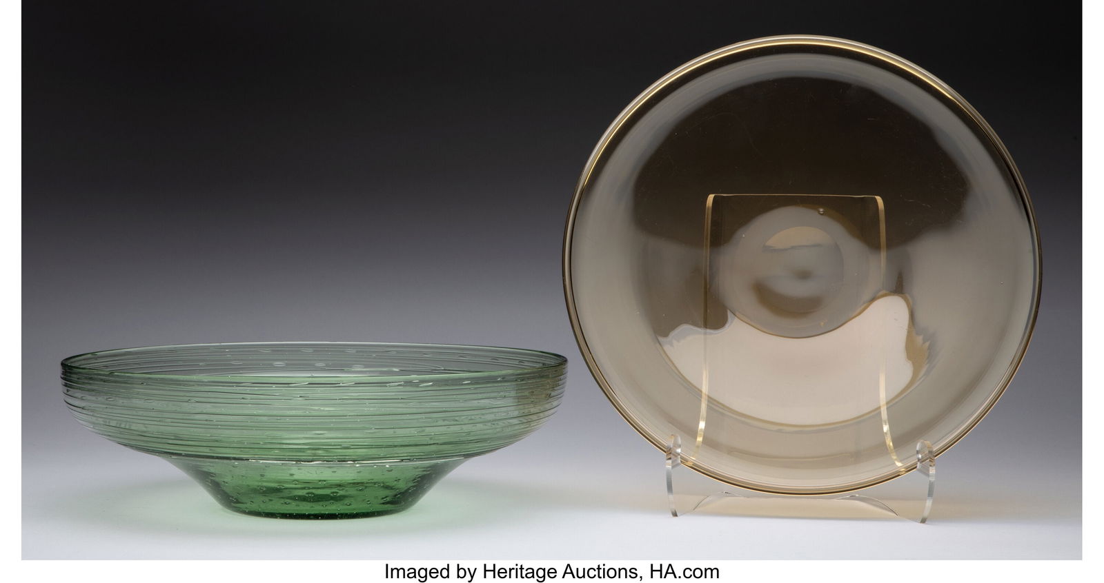 Steuben Glass Works Centerbowl and Large Plate,: Steuben Glass Works Centerbowl and Large Plate, circa 1920 USA Glass 4-1/4 x 14 inches (10.8 x 35.6 cm) (largest, centerbowl) The lot comprising&colon