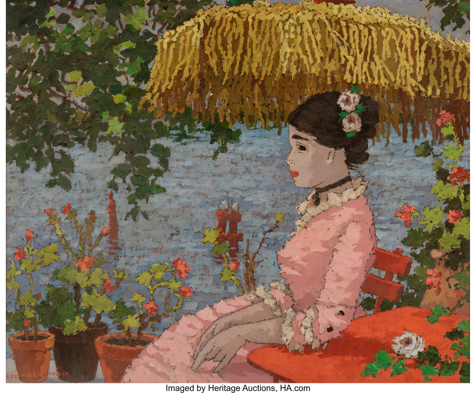 Suzanne Eisendieck (German, 1908-1998) Veranda à Olivetta San Michele: Suzanne Eisendieck (German, 1908-1998) Veranda à Olivetta San Michele Oil on canvas 23-3/4 x 29 inches (60.3 x 73.7 cm) Signed lower left: Suzanne Eisendieck Titled on the reverse: Veranda / à Olive