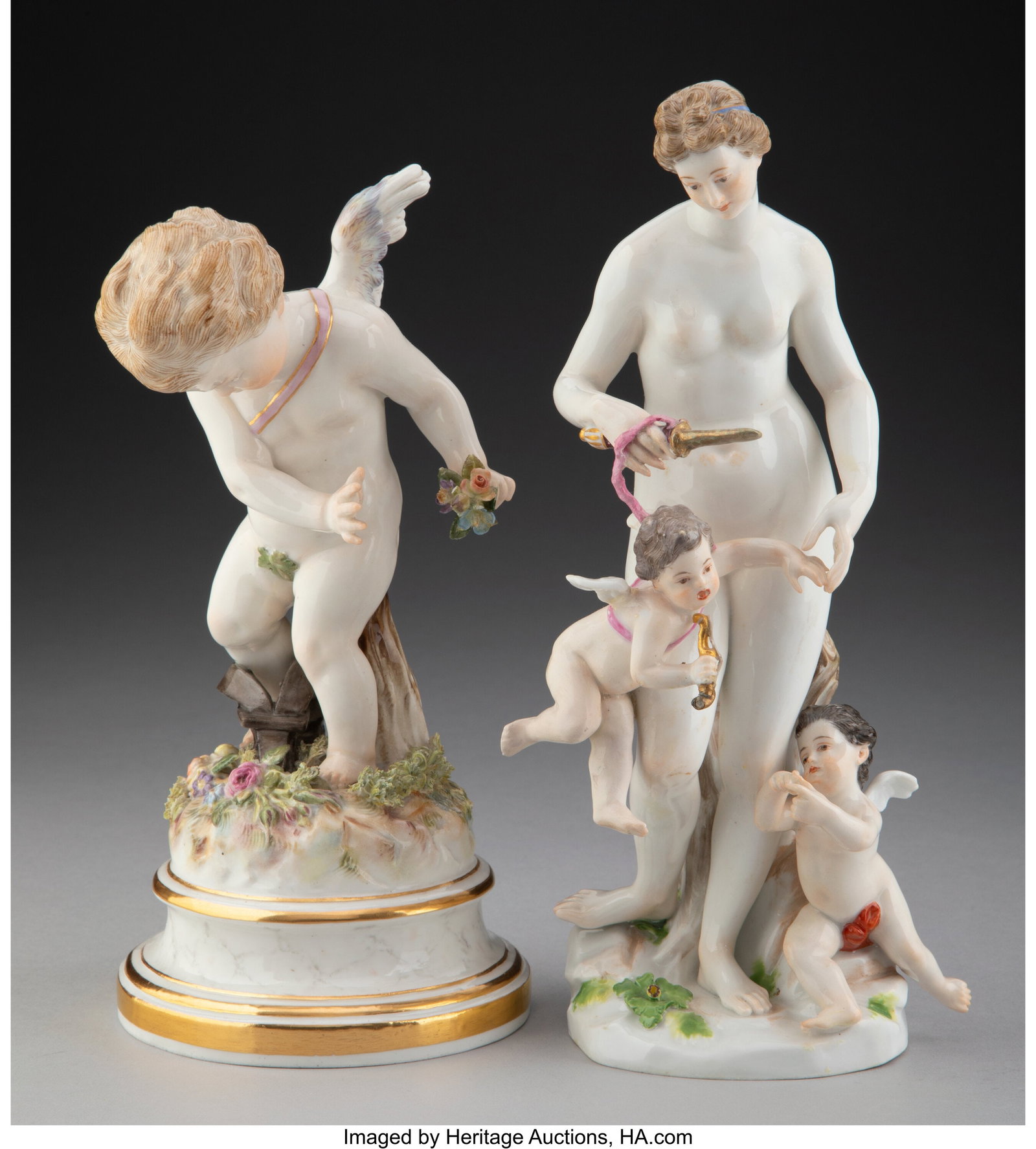 Two Meissen Partial Gilt Porcelain Figures, circ: Two Meissen Partial Gilt Porcelain Figures, circa 1900 Marks: (crossed swords in blue underglaze), (model number) 8-5/8 x 4-1/4 x 3 inches (21&period