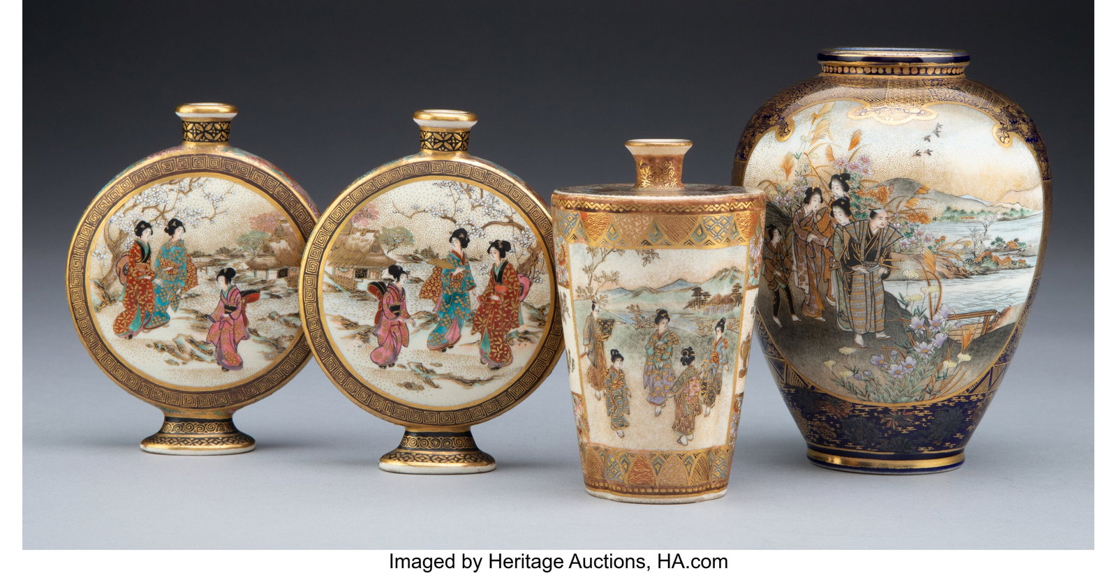 A Collection of Four Japanese Satsuma Vases, Mei: A Collection of Four Japanese Satsuma Vases, Meiji Period Marks to tallest: three-character Kinkozan mark 4-3/4 x 4 inches (12.1 x 10.2 cm) (tallest) 