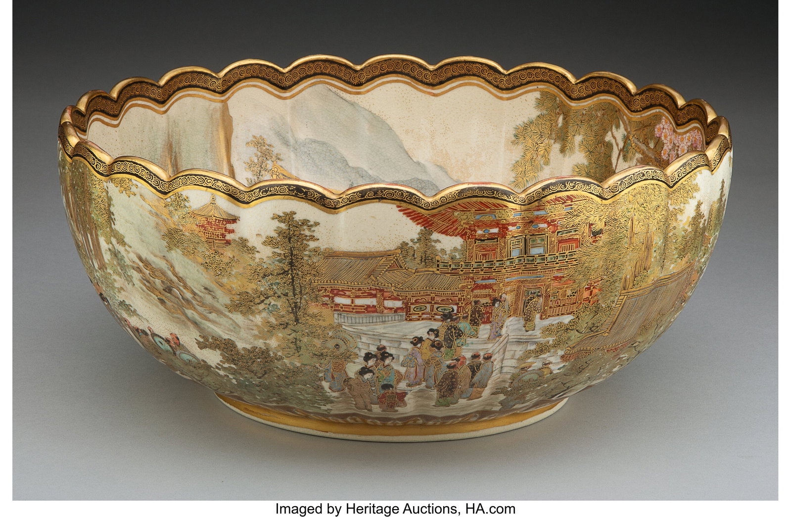 A Japanese Satsuma Bowl by Choshuzan, Meiji peri: A Japanese Satsuma Bowl by Choshuzan, Meiji period Marks: Shimazu family crest, three-character Choshuzan mark 12-1/8 x 5-1/8 inches (30.8 x 13.0 cm) 