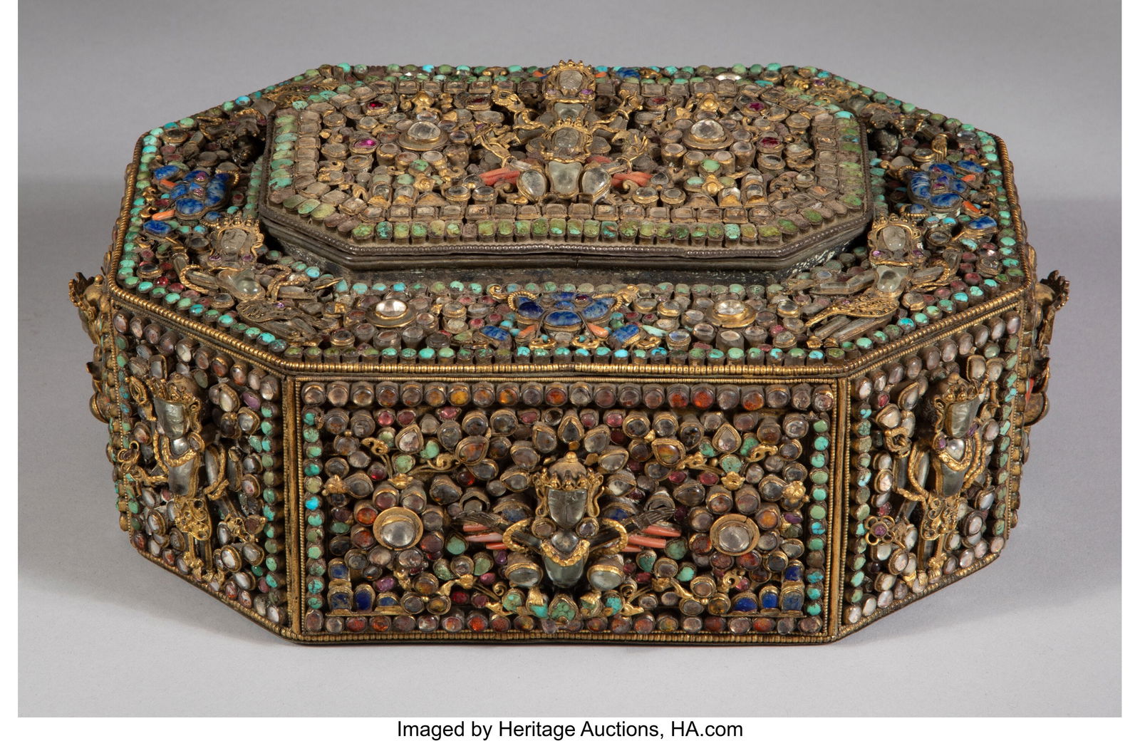 A Tibetan Jewel-Inlaid Metal Box 4 x 10 x 7-1/2 (1 of 3)