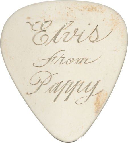 Elvis Presley-Received 14K White Gold Guitar Pic: Elvis Presley-Received 14K White Gold Guitar Pick, Circa 1955. Of traditional shape, engr