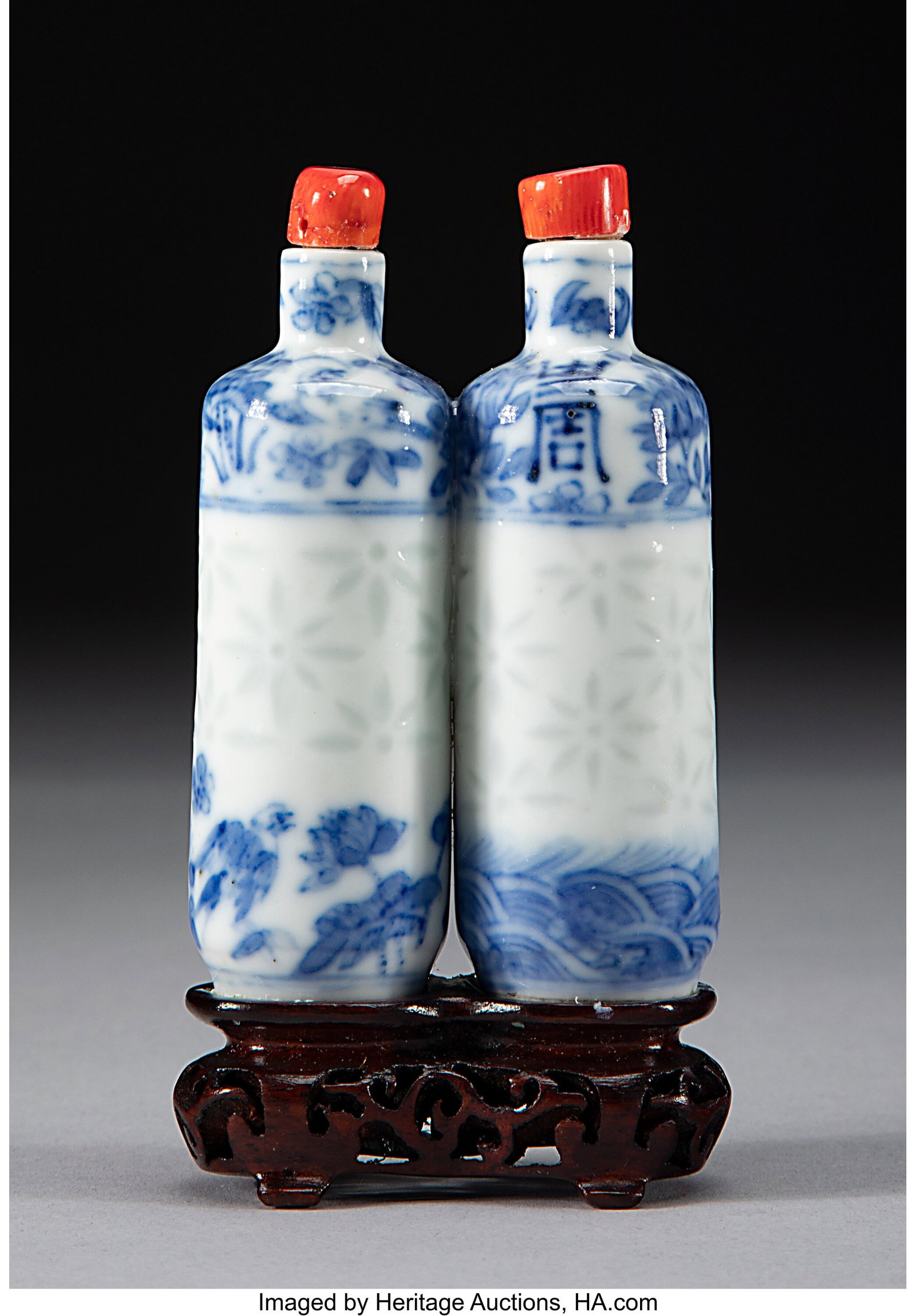A Pair Chinese Blue and White Snuff Bottles Mark: A Pair Chinese Blue and White Snuff Bottles Marks: Various 3-1/4 x 1 x 1 inches (8.3 x 2.5 x 2.5 cm) (each) HID03101062020 © 2024 Heritage Aucti