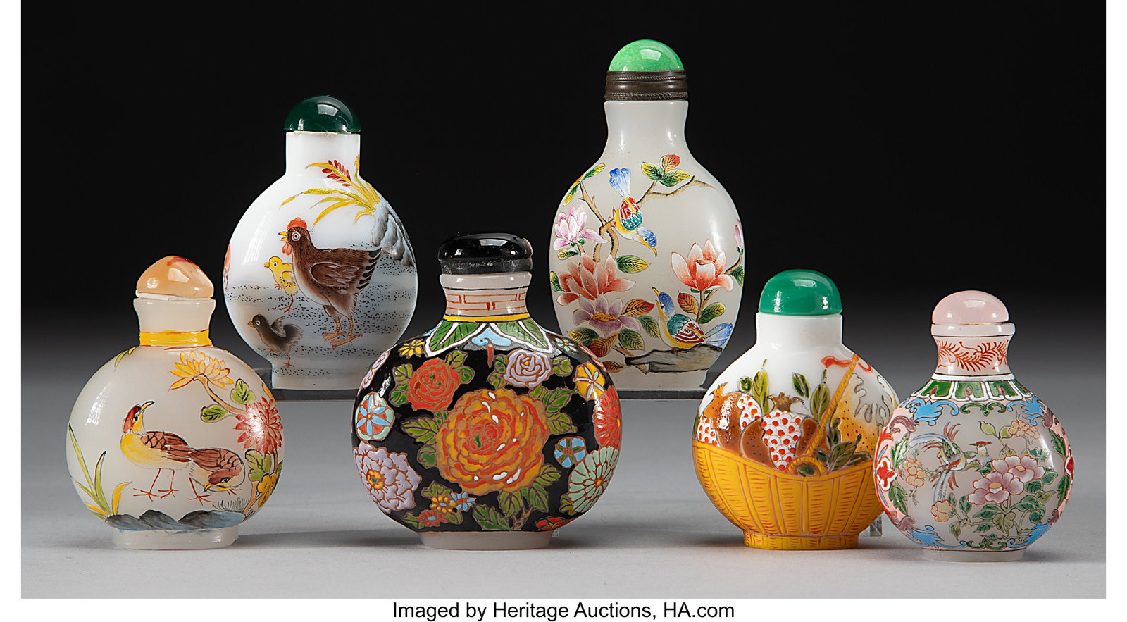A Group of Six Chinese Enameled Glass Snuff Bott: A Group of Six Chinese Enameled Glass Snuff Bottles Marks: Guyuexuan studio mark 2-1/2 x 2-1/8 x 1 inches (6.3 x 5.4 x 2.5 cm) (largest) HID03101