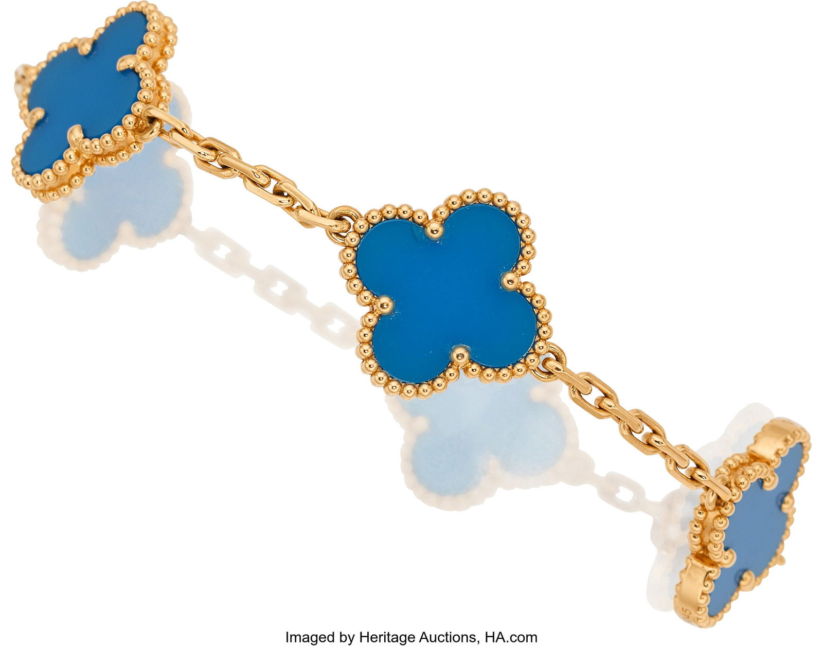 Van Cleef & Arpels Agate, Gold Bracelet Stones: Van Cleef & Arpels Agate, Gold Bracelet Stones: Carved agate Metal; 18k gold Marked: VCA; JC723045 Collection: Alhambra Gross Weight: 11.00 grams Dim