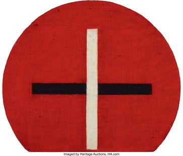 28032: Rodney Carswell (American, b. 1946) Black & Whit: Rodney Carswell (American, b. 1946) Black & White Cross Encircled by Red, study, 1988 Oil and wax on canvas 21-3/4 x 25-1/2 inches (55.2 x 64