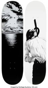 44049: Supreme X Robert Longo Men in the Cities; Explos: Supreme X Robert Longo Men in the Cities; Explosion (two works), 2011 Offset lithographs on skate decks 32 x 8 inches (81.3 x 20.3 cm) (each) Sig