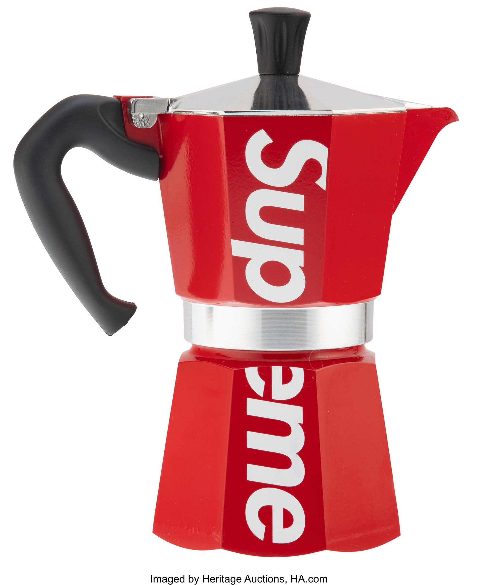 Supreme X Bialetti Moka Express, 2019 Aluminum a: Supreme X Bialetti Moka Express, 2019 Aluminum and heat-resistant plastic 8-1/2 x 6-1/2 x 4-3/4 inches (21.6 x 16.5 x 12.2 cm) Produced by Bialetti&com