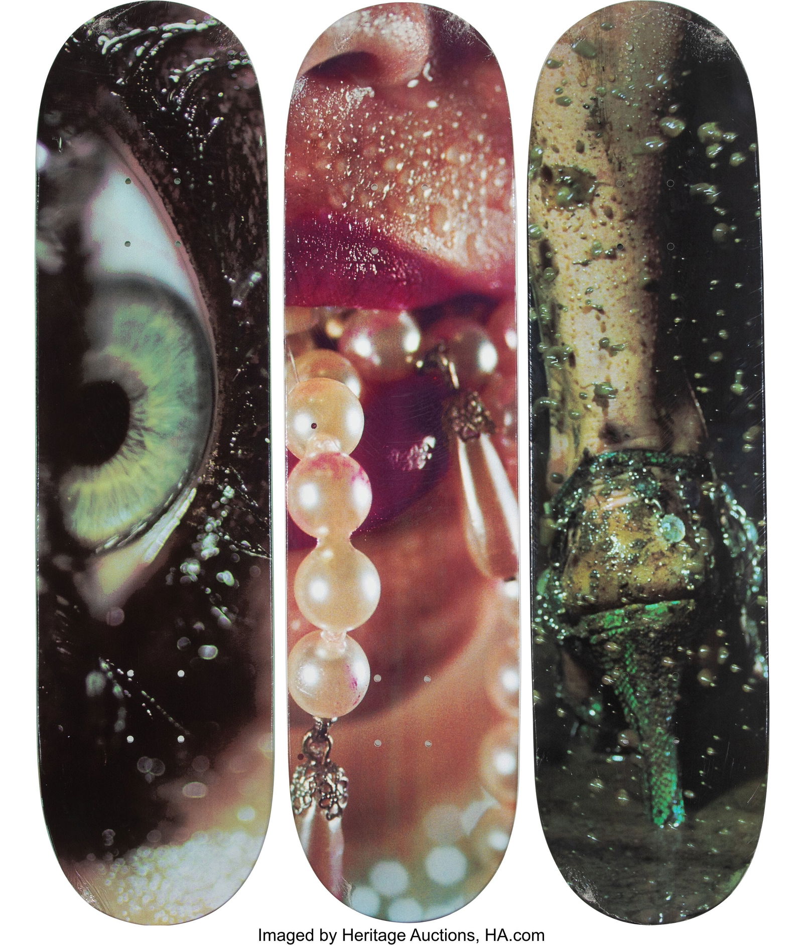 Supreme X Marilyn Minter Lips With Pearls; The G: Supreme X Marilyn Minter Lips With Pearls; The Glitter Eye; The Shit Kicker Heels (triptych), 2008 Screenprints in colors on skate decks 32 x 8 inches (81.3 x 20&