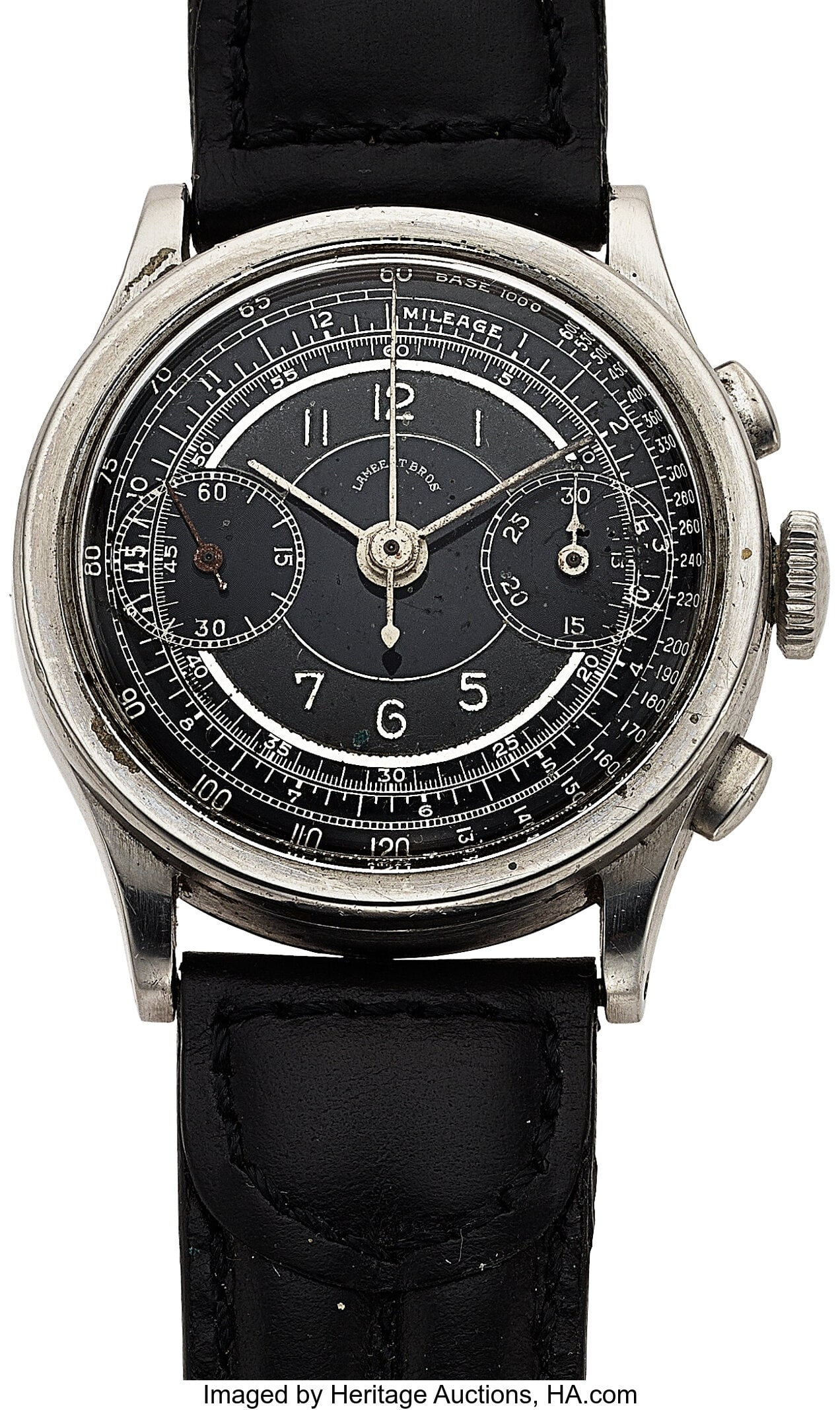 Lambert Bros Signed Chronograph Case: stainless: Lambert Bros Signed Chronograph Case: stainless steel Dial: Two tone black and grey dial Movement: Manual wind. Band: Black leather HID03101062020 © 2024 Heritage A