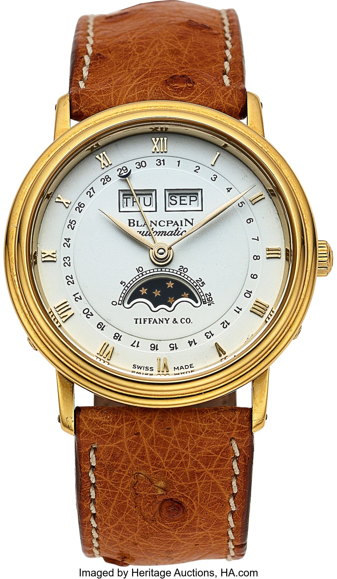 Blancpain Villeret Tiffany and Co. Yellow Gold W: Blancpain Villeret Tiffany and Co. Yellow Gold Wristwatch Case: 18k yellow gold , 34mm Dial: White, roman numerals, triple calendar Movement: Automatic&comma