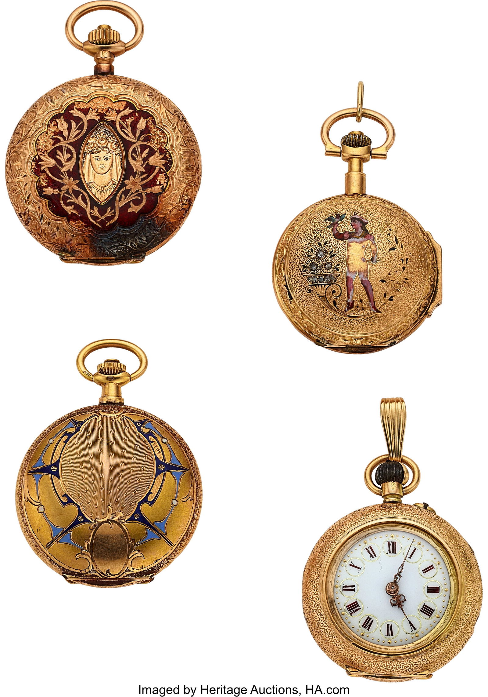 Four Swiss Gold & Enamel Pendant Watches  Case (1 of 3)