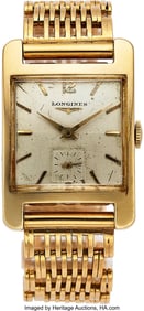 12043&colon; Longines 14k Gold Retro Wristwatch With Gold Ban