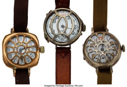 12223&colon; Lot of 3 Early Trench Watches   Case&colon; gold and b