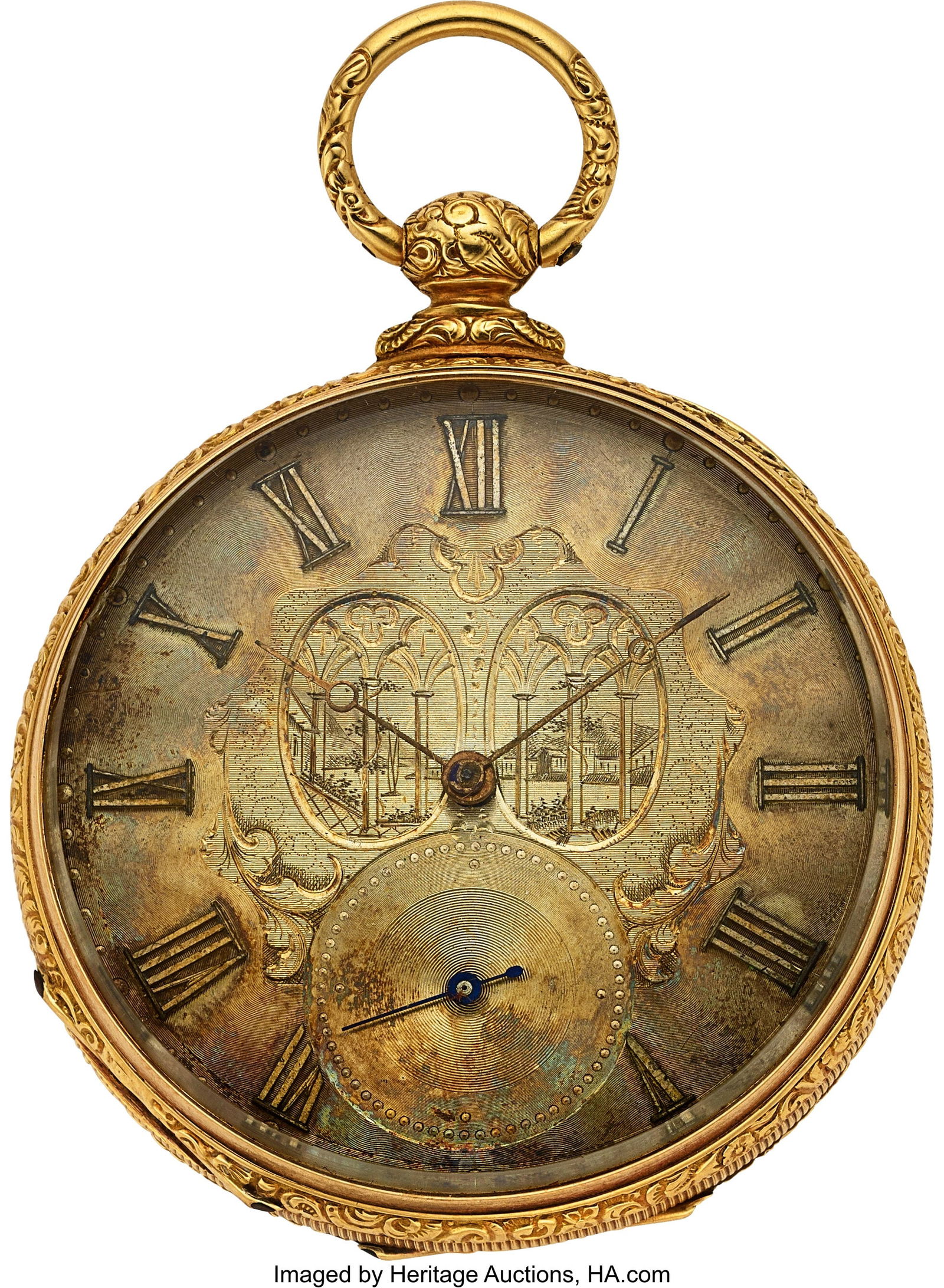 Albert Jacot, Fancy Dial 18k Gold Key Wind, circ: Albert Jacot, Fancy Dial 18k Gold Key Wind, circa 1850 Case: 49 mm, 18k gold, four body, gold cuvette, engraved case back Dial: engraved scene, Ro