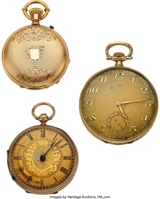 12127&colon; Three Gold Pocket Watches  Large Swiss 48 mm ope