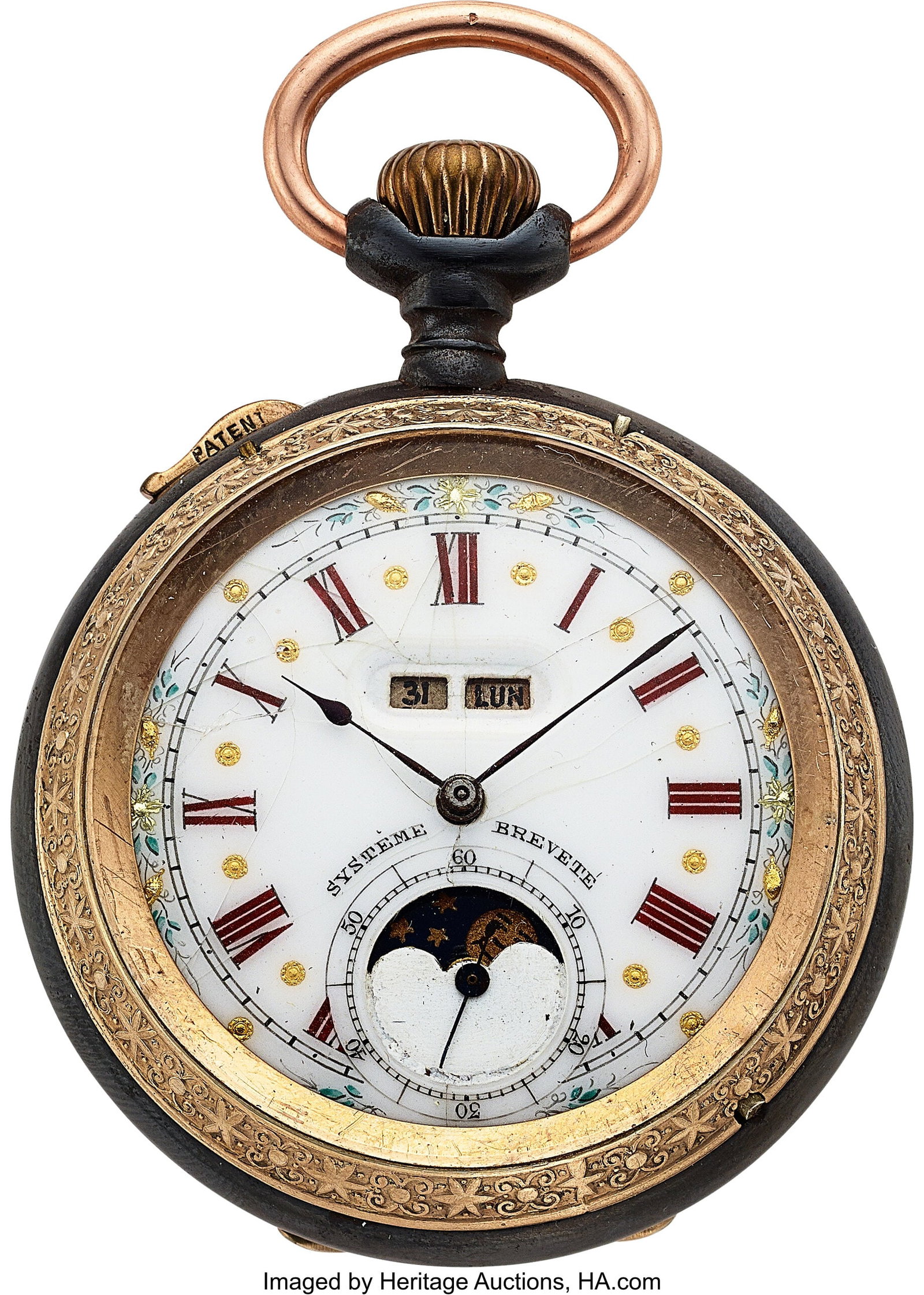 Swiss, Fancy Dial Moon Phase, Jump Day-Date Cale: Swiss, Fancy Dial Moon Phase, Jump Day-Date Calendar, circa 1895 Case: 52 mm, gun metal and gilt, ornate gilt star motif bezel and edge, plain hinged back Dia