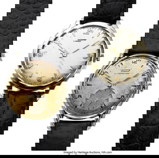 12237: Lot of Two Stainless Steel Tissot Wristwatches : Lot of Two Stainless Steel Tissot Wristwatches Case: Stainless steel Dial: Silvered with arabic numerals Movement: Manual wind. Movement does not work. Heritage does no