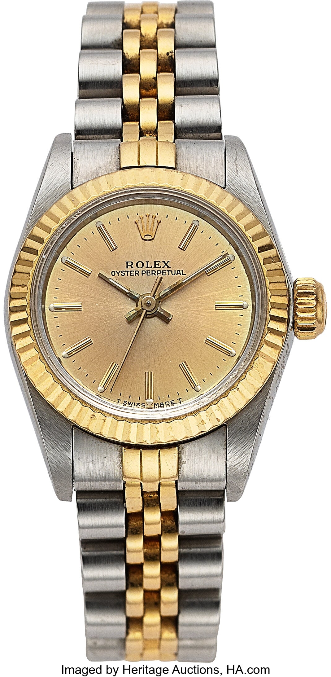 Rolex Lady's Steel and Gold Oyster Perpetual Wat: Rolex Lady's Steel and Gold Oyster Perpetual Watch Case: 26mm, stainless steel and 18k, oyster screw back case with gold fluted bezel, R918651 Dial: Champagne luminous di