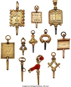 12161&colon; Eleven Gold Antique Winding Keys&sol;Fobs  11 items&comma;