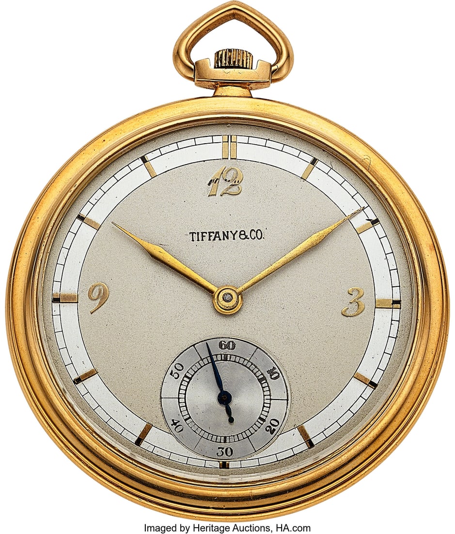 Cresarrow Watch Co. For Tiffany & Co. Gold Pocke: Cresarrow Watch Co. For Tiffany & Co. Gold Pocket Watch, circa 1940's Case: 45 mm, 14k yellow gold, back with stylized monogram and 1943 date Dial: two
