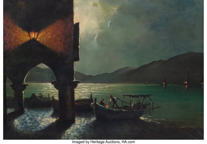 61321&colon; Continental School Boat at Harbor Oil on canvas 