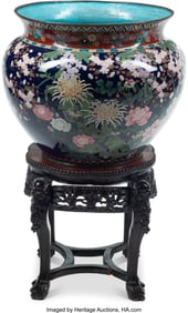 61322&colon; A Japanese Cloisonné Planter on Carved Wood Bas