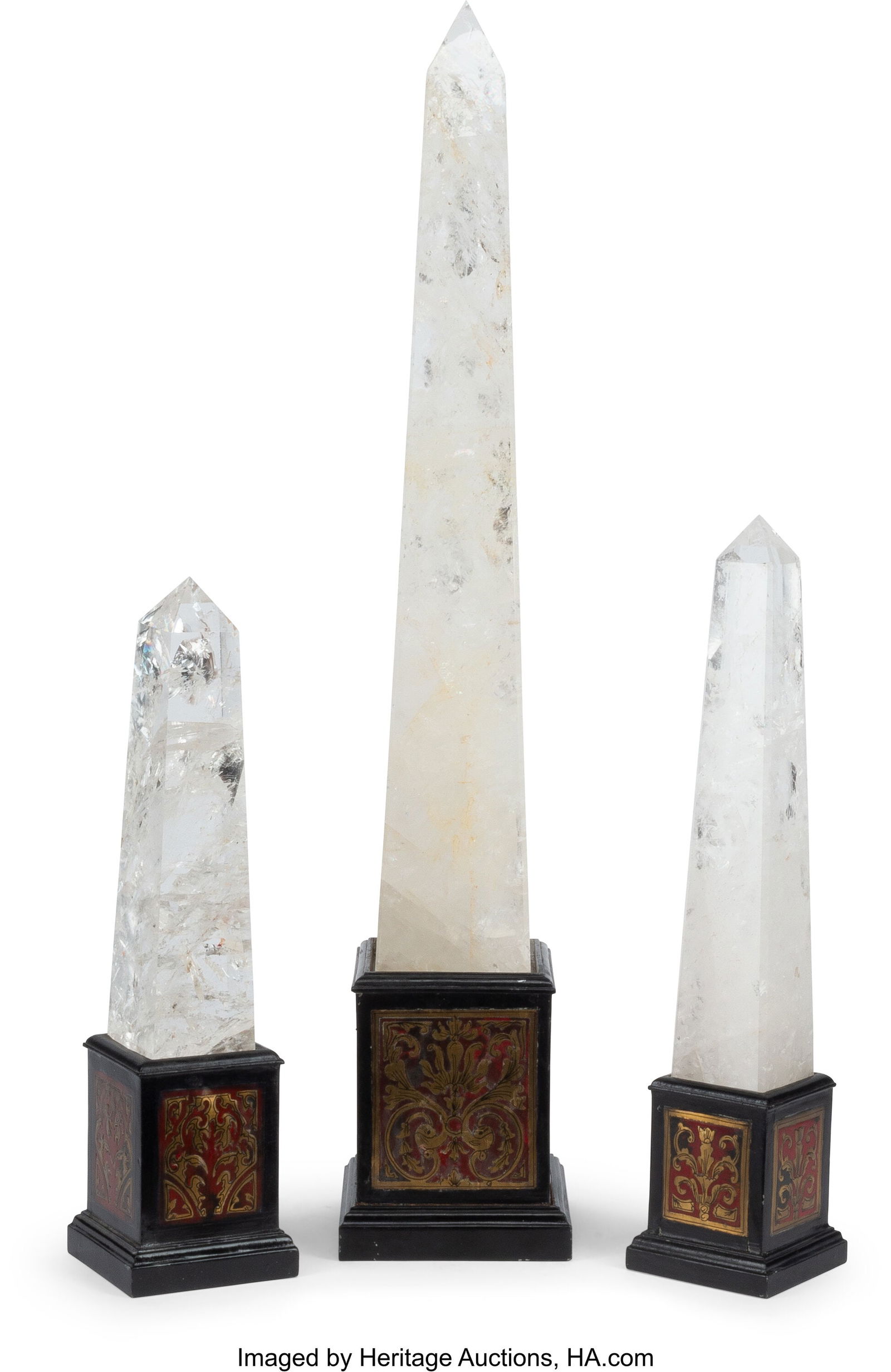 Three Rock Crystal Obelisks on Boulle-Style Inla: Three Rock Crystal Obelisks on Boulle-Style Inlaid Bases 32 x 6 x 6 inches (81.3 x 15.2 x 15.2 cm) (tallest) HID03101062020 © 2024 Heritage Auctions | All Rights Reserved www.HA.com/TexasAuctioneerLi
