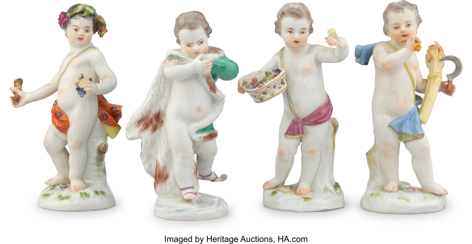 A Group of Four Meissen Partial Gilt Porcelain A: A Group of Four Meissen Partial Gilt Porcelain Allegorical Figural Group: The Four Seasons, late 19th century Marks to tallest: (crossed swords in blue underglaze), A