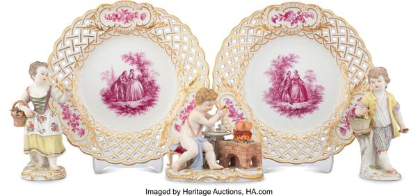 61176&colon; A Group of Five Meissen Partial Gilt Porcelain T