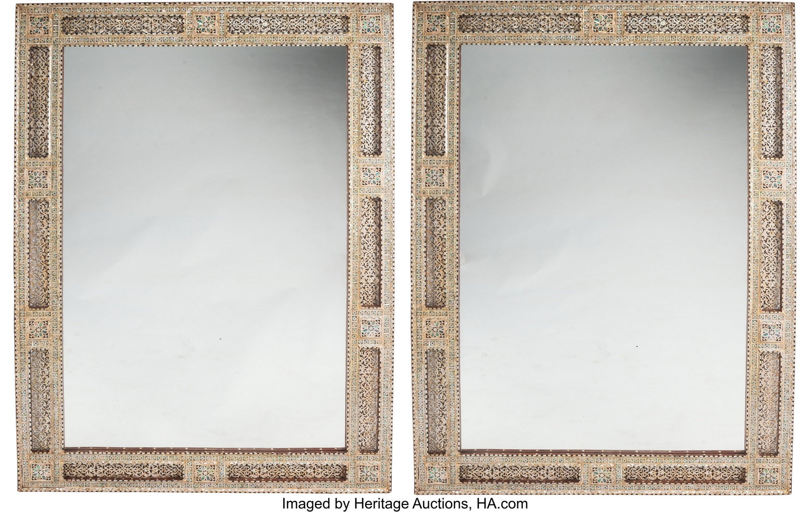 A Pair of Large Iberian Mother-of-Pearl Inlaid M: A Pair of Large Iberian Mother-of-Pearl Inlaid Mirrors 88-1/2 x 62 inches (224.8 x 157.5 cm) (each) HID03101062020 © 2024 Heritage Auctions | All Rights