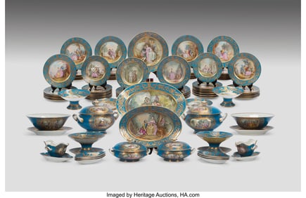 An Extensive Ninety-Six-Piece Manufacture André François Sèvres-Style Gilt and Bleu Celeste