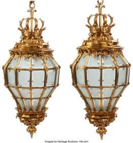 61257&colon; A Pair of French Gilt Bronze Lanterns with Etche