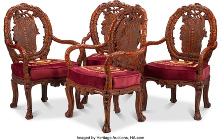 61099&colon; A Set of Four Black Forest-Style Carved Wood Mon