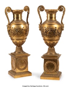 61263&colon; A Pair of Louis XVI-Style Gilt Bronze Urns 26 x 