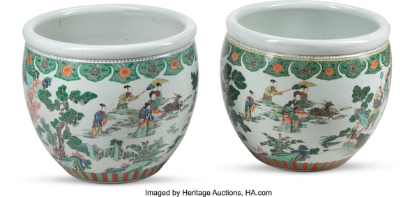 61036&colon; A Pair of Large Chinese Famille Verte Fish Bowls