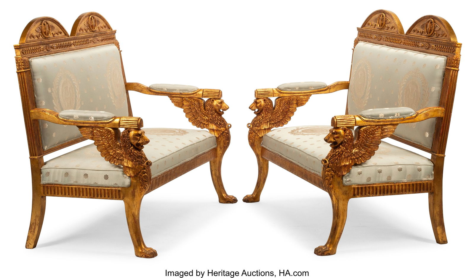 A Pair of French Directoire-Style Carved Gilt Wo: A Pair of French Directoire-Style Carved Gilt Wood Settees 45 x 53 x 26 inches (114.3 x 134.6 x 66.0 cm) (each) HID03101062020 © 2024 Heritage Auctions &v