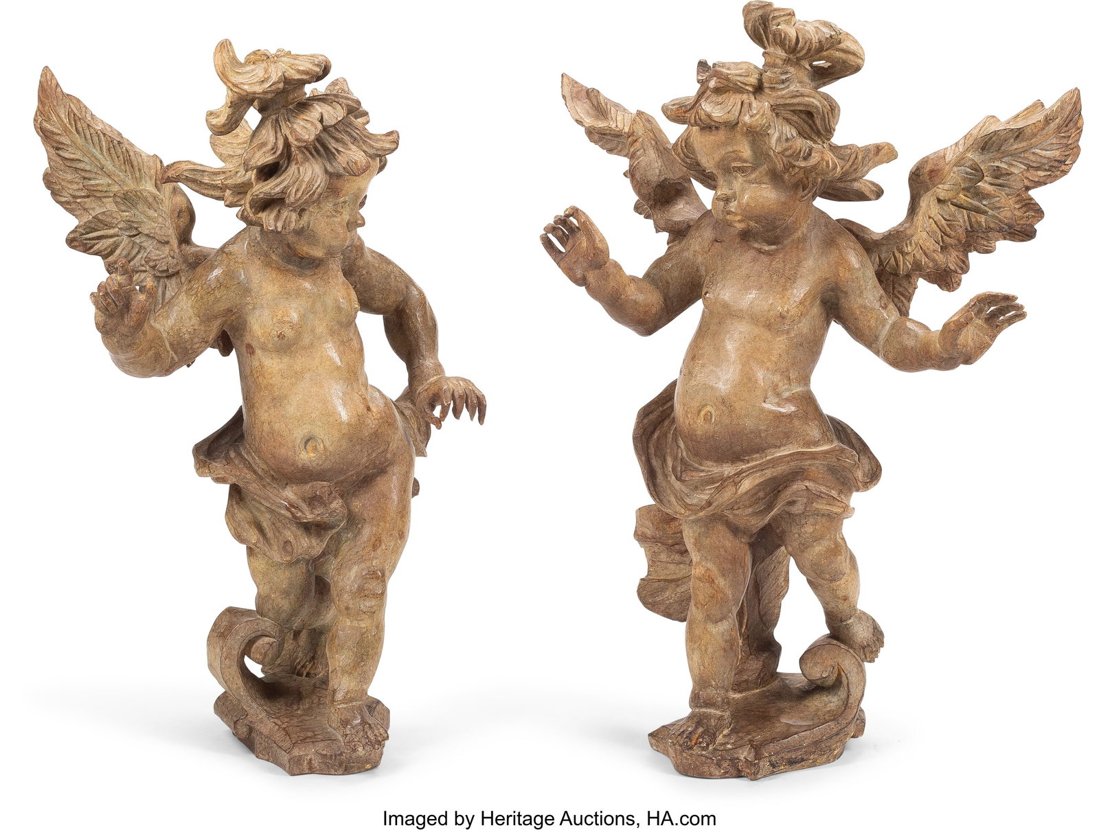A Pair of Italian Carved Wood Cherubs, 19th cent: A Pair of Italian Carved Wood Cherubs, 19th century 37 x 27 x 14 inches (94.0 x 68.6 x 35.6 cm) (each) HID03101062020 © 2024 Heritage Auctions &vert