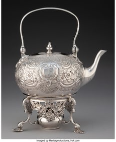 61120&colon; An Augustin Le Sage Silver Kettle-On-Stand&comma; Lond
