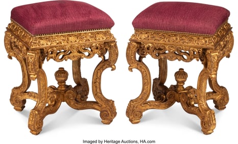 61277&colon; A Pair of Régence-Style Gilt Wood Square Benche