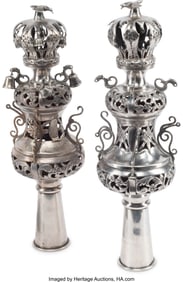 61123&colon; A Pair of Silver Judaica Torah Handles&comma; 19th cen