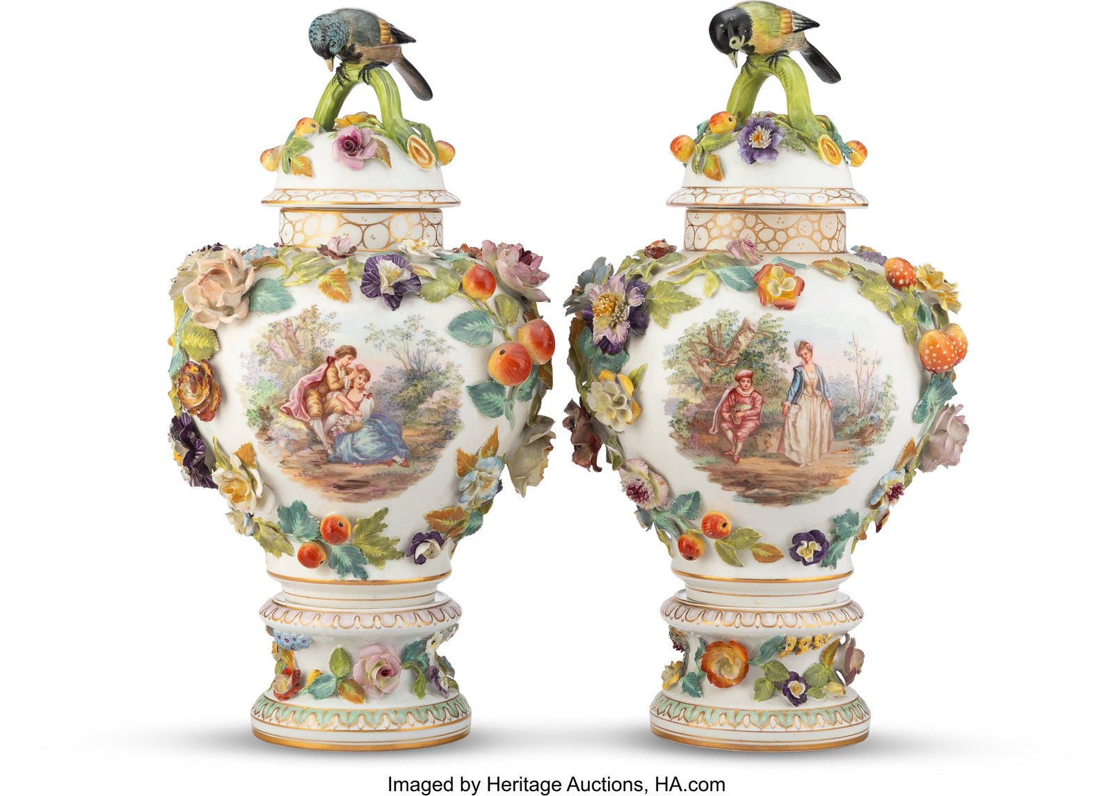 A Pair of Dresden Partial Gilt Porcelain Covered: A Pair of Dresden Partial Gilt Porcelain Covered Jars, circa 1900 Marks: SP Dresden 16 x 9 x 7-1/2 inches (40.6 x 22.9 x 19.1 cm) (each) HID031