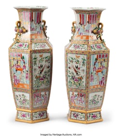 61052&colon; A Pair of Chinese Rose Medallion Hexagonal Vases