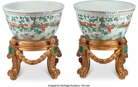 61218&colon; A Pair of Large Chinese Enameled Planters on Gil