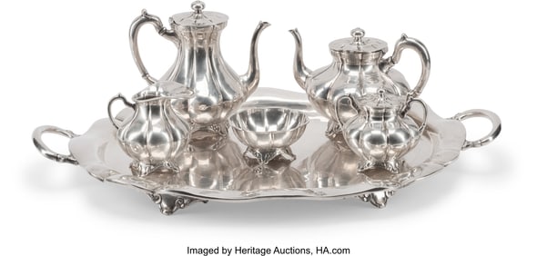61221&colon; A Five-Piece Mexican Silver Tea Set and Tray Mar