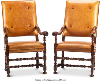 61060&colon; A Pair of Rococo Leather Upholstered Walnut Armc