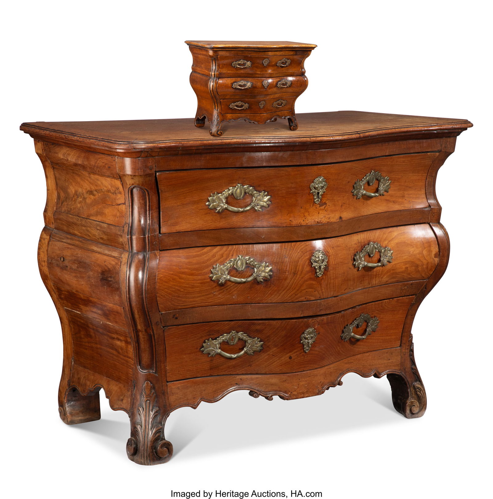 A French Louis XV Gilt Bronze-Mounted Walnut Com: A French Louis XV Gilt Bronze-Mounted Walnut Commode And Salesman Sample, 18th century 36-1/4 x 47 x 28 inches (92.1 x 119.4 x 71.1 cm) (work) 8-1&so