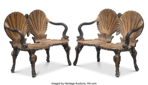 61295&colon; A Pair of Italian Grotto-Style Wood Settees 36-1