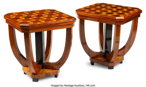 61296&colon; A Pair of French Art Deco-Style Parquetry Topped